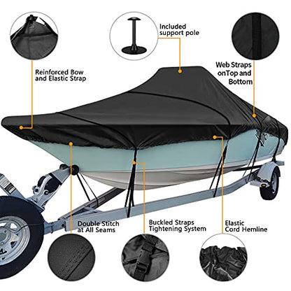 iCOVER Center Console Boat Cover, 600D Heavy Duty Marine Grade Waterproof Tear Resistant Boat Covers, Fits Boats 17'-19' Long Beam Width up to 102", Trailerable Boat Cover with Support Pole, Black - color: Black, size: 17ft-19ft long and beam width up to