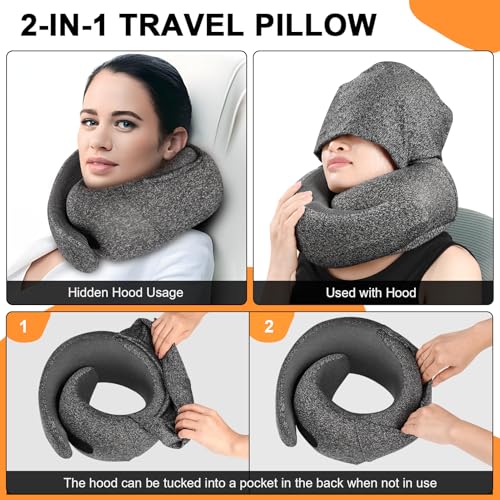 Travel Pillow - Hooded Neck Pillow Airplane Memory Foam Filling for Plane, Office, Cars Sleeping, Road Trip, Long Flights, Airplane Travel Essentials, Includes Eye Mask & Earplugs (Pink) - color: Pink