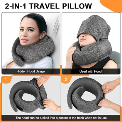 Travel Pillow - Hooded Neck Pillow Airplane Memory Foam Filling for Plane, Office, Cars Sleeping, Road Trip, Long Flights, Airplane Travel Essentials, Includes Eye Mask & Earplugs (Dark Gray) - color: Dark Gray