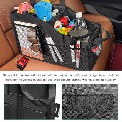 Car Seat Organizer, Collapsible Passenger Seat Storage Caddy with 4 Compartments, Waterproof Oxford Cloth Storage Box for Automotive Front & Back Seats, Car Accessories