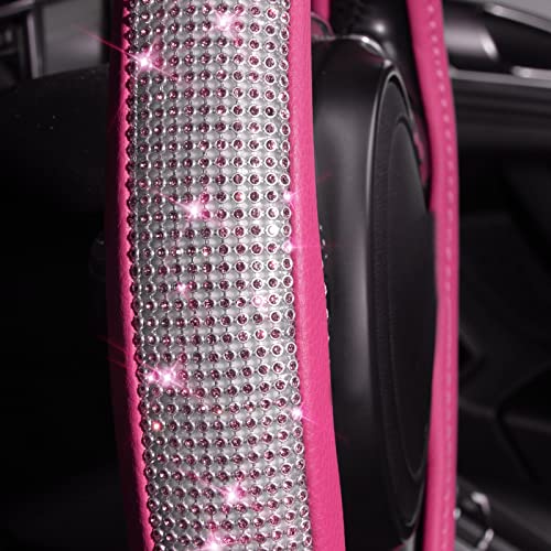 CAR PASS Diamond Pink Leather Steering Wheel Cover, with Bling Crystal Rhinestones Universal Fit 14" 1/2-15" Crystal Glitter for Women Sparkle Girl Fit Suvs,Vans,Sedans,Cars,Trucks, Pink Diamond - color: Pink Leather Diamond