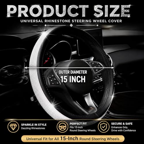 New Diamond+Leather Steering Wheel Cover,Bling Crystal Rhinestones Steering Wheel Cover Universal Fit 15" Car Wheel Protector for Women Girls (Black Leather+White Diamond) - color: black leather+white Diamond