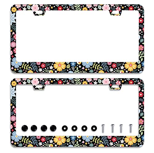 2Pcs Colorful Floral Flowers License Plate Frame Personalise Cute License Plate Frames Car License Plate Accessories Screws Decor for Standard Us Canada License Plate Holder 12"x6" - color: Retro Colorful Floral Flowers Pattern