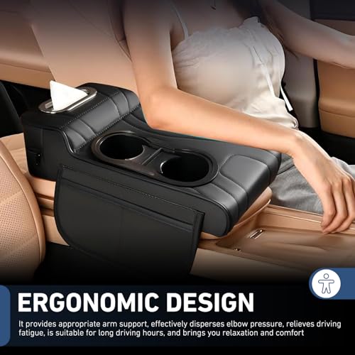 Car Armrest Cushion, Leather Center Console Cover Protector, Multifunctional Storage Pad with Dual Cup Holder, Tissue Box & Side Card Slot, Universal for Most Cars (Black) - color: Black