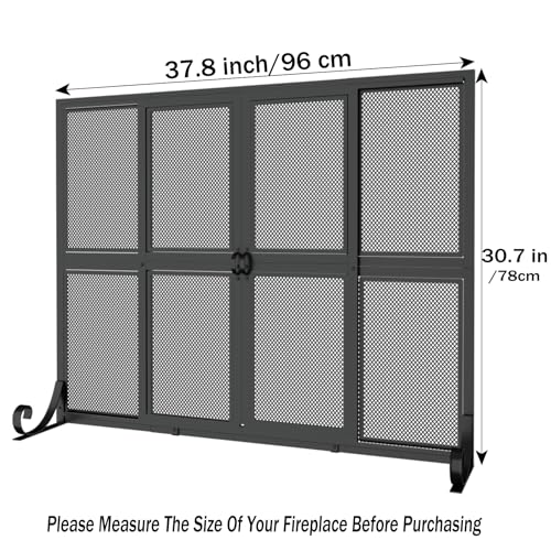 Fireplace Screen with Sliding Doors, 37.8" W x 30.7" H Handcrafted Wrought Iron Fire Spark Guard Fire Place Gate Protector for Living Room, Children and Pet Safety(Large)