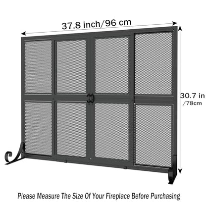 Fireplace Screen with Sliding Doors, 37.8" W x 30.7" H Handcrafted Wrought Iron Fire Spark Guard Fire Place Gate Protector for Living Room, Children and Pet Safety(Large)