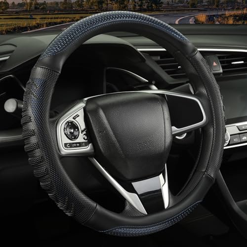 3D Steering Wheel Cover Great Grip with 3D Honeycomb Hole, Anti-Slip Sporty Design, Universal 15 inch(Black with Blue) - color: Black with Blue, size: Round-Middle[14.5''-15'']