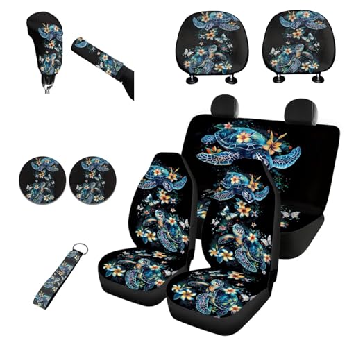 Horeset Bohemian Turtle Car Seat Cover Full Set of 11pcs with Auto Seat Headrest Cover Lanyards Key Chain Cup Pad Gear Shift Knob Handbrake Sleeve Decor Automotive Interior Accessories - color: Bohemian Turtle