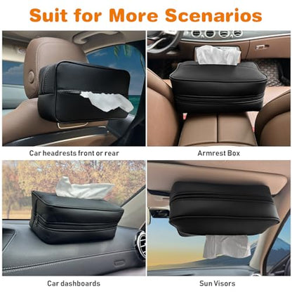 Large Car Tissue Holder for 120 Standard Tissues, Premium PU Leather Tissue Holder in Car Backseat Rectangular, Napkin Holder for Car Fits for Kleenex Tissues Box Daily Use Black (2, Black)