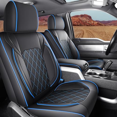 F150 Seat Covers Full Set, Faux Leather Truck Seat Covers Diamond Quilted Custom Fit for 2009-2026 F-150 SuperCrew & 2017-2026 F250 F350 F450 Crew Cab XL XLT Lariat King Ranch (Black & Blue) - color: Black & Blue, size: Front & Rear
