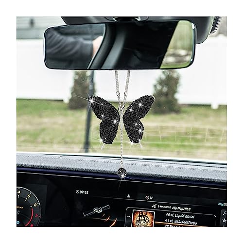 zipelo Bling Butterfly Diamond Car Accessories, Crystal Car Rear View Mirror Charms for Women, Car Decoration Lucky Gifts Hanging Interior Crystal Ornament Pendant Decor for All Cars (Black) - color: Black