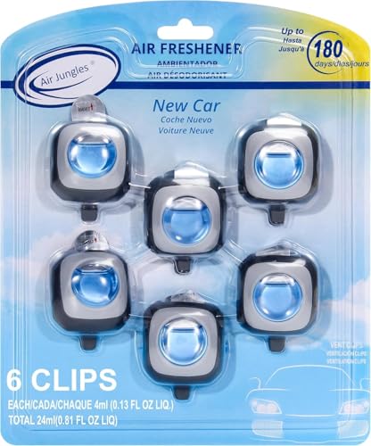 Air Jungles New Car Scent Car Air Freshener Vent Clip, 6 Count Long Lasting Up to 180 days, Natural Essential Oil Car Fragrance Accessories for Women and Men, Odor Eliminator - 4ml Each - color: New Car, size: 6 Count (Pack of 1)