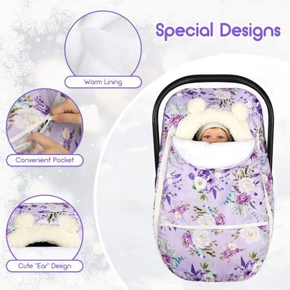 Winter Car Seat Cover Baby Girl Boy, Warm & Windproof Infant Carseat Cover Canopy Protect Baby from Cold Weather, Plush Fleece, Purple Floral - color: Purple Floral