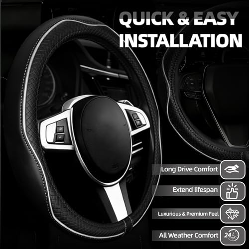 NBTEPEM Microfiber Steering Wheel Cover and Waterproof Car Floor Mats, Universal Fit Most Truck, SUV, Cars, 14.5-15inch Sporty Steering Wheel Covers with Anti-Slip Lining (Black with White line)