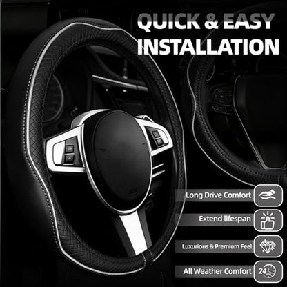 NBTEPEM Microfiber Steering Wheel Cover and Waterproof Car Floor Mats, Universal Fit Most Truck, SUV, Cars, 14.5-15inch Sporty Steering Wheel Covers with Anti-Slip Lining (Black with White line)