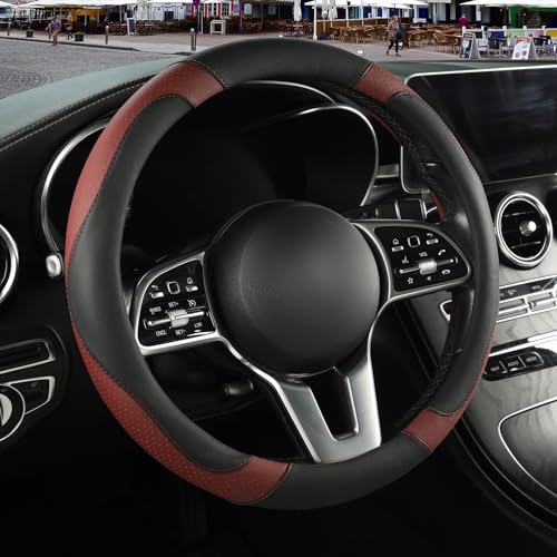 Microfiber Leather Steering Wheel Cover, Breathable, Anti Slip, 13.5 inch to 14 inch, Black with Burgundy - color: Black Burgundy, size: Round-Small[13.5''-14'']