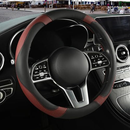 Microfiber Leather Steering Wheel Cover, Breathable, Anti Slip, 13.5 inch to 14 inch, Black with Burgundy - color: Black Burgundy, size: Round-Small[13.5''-14'']