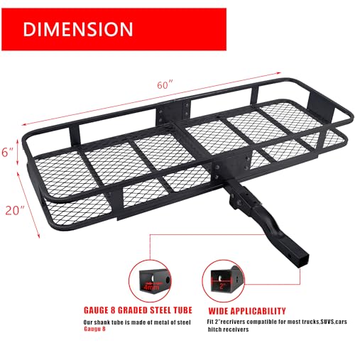 60"x 20"x 6" Folding Trailer Hitch Mount Cargo Carrier, 500LBS Capacity, Powder Coating Luggage Rack Basket Car Storage with Straps, Fits 2" Receiver - color: 60x20x6 inch