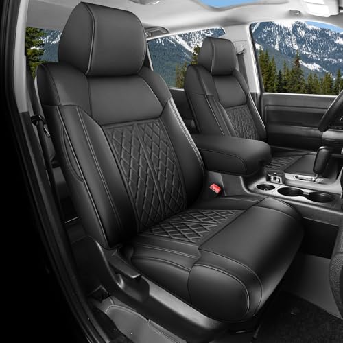 Seat Covers for Toyota Tundra 2014 2015 2016 2017 2018 2019 2020 2021 Custom Fit Full Set, Waterproof & Durable Leather Seat Covers for Car - Black (Only for CrewMax Cab) - color: Black, size: 2014-2021 Full Set
