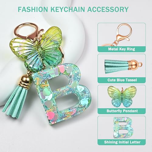 JINGUAZI Initial letter Keychains for Women Tassel Butterfly Pink Purple Cute Car Keychain for Wallet Backpack bag charm - color: B-green