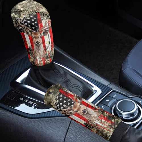 Bulopur Car Shifter Gear Hand Brake Trim Cover Set for Most Cars Van SUV Sedan Truck Auto Accessories - color: American Flag Hunting Camo Deer