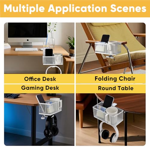 4 in 1 Metal Clip On Cup Holder Attachment for Gaming Desk or Table, Fits up to 40oz Cups, Sturdy and Easy to Clamp, Attachable Anti-Spill Cup Holder for Chair, Bedside, Bottles, Drinks - White - color: Milky White
