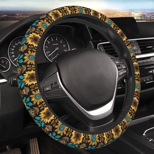 Vintage Sunflower Steering Wheel Covers Yellow Flower Aztec Floral Leopard Steering Wheel Cover Auto Steering Wheel Protector Anti-Slip Breathable and Sweat Absorption Universal - color: Vintage Sunflower
