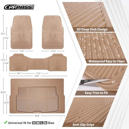 CAR PASS Beige Rubber Floor Mats&Cargo Liner,Waterproof Truck Mats Heavy Duty,All Weather Trim-to-Fit Automotive Mat for Car Truck SUV,Anti-Slip Easy Clean Durable,Full Set 5-Piece,3D Emboss All Beige - color: Beige Cargo Liner