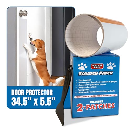 MATCH 'N PATCH Door Protector – Scratch Protectors for Pets – Transparent Shield for Pet Scratches - Self-Adhesive & Easy to Apply, Includes Application Scraper – 34.5 x 5.5 Inches, 2 Patches - size: 34.5" x 5.5" (Wide)