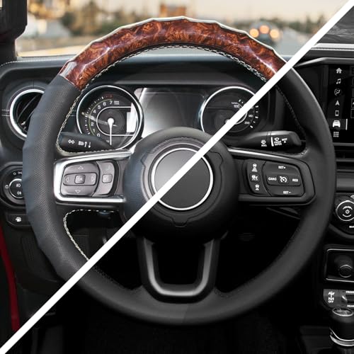 Wood Grain Steering Wheel Cover, Universal 15 Inch, Car Steering Wheel Protector Men Women, Comfort Finger Grips, Breathable Microfiber Leather, Anti-Slip, Black