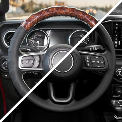 Wood Grain Steering Wheel Cover, Universal 15 Inch, Car Steering Wheel Protector Men Women, Comfort Finger Grips, Breathable Microfiber Leather, Anti-Slip, Black