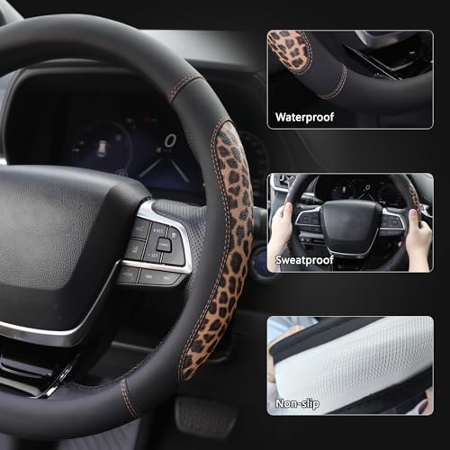 Microfiber Leather Leopard Steering Wheel Cover, Universal 15 Inch, Spliced Anti-Slip Car Wheel Protector, Luxury Cheetah Auto Accessories, Coffee Black - color: Brown Leopard