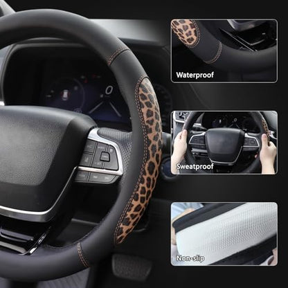 Microfiber Leather Leopard Steering Wheel Cover, Universal 15 Inch, Spliced Anti-Slip Car Wheel Protector, Luxury Cheetah Auto Accessories, Coffee Black - color: Brown Leopard