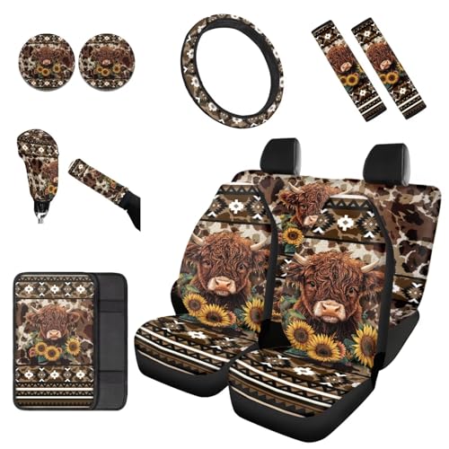 Dreaweet Aztec Brown Cow Print Car Seat Covers Full Set Cute Sunflower Highland Cow Car Accessories,Car Steering Wheel Cover Armrest Cover Seat Belt Pads Cup Holders Gear Shift Cover Handbrake Cover - color: Aztec Sunflower Highland Cow