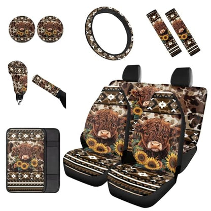 Dreaweet Aztec Brown Cow Print Car Seat Covers Full Set Cute Sunflower Highland Cow Car Accessories,Car Steering Wheel Cover Armrest Cover Seat Belt Pads Cup Holders Gear Shift Cover Handbrake Cover - color: Aztec Sunflower Highland Cow