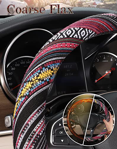 SEG Direct Boho Steering Wheel Cover with Baja Blanket Cloth, Ethnic Style Auto Wheel Cover Made of Coarse Flax, Fits 14 1/2-15 1/4 inches Car Wheel - color: Rich Fuchsia