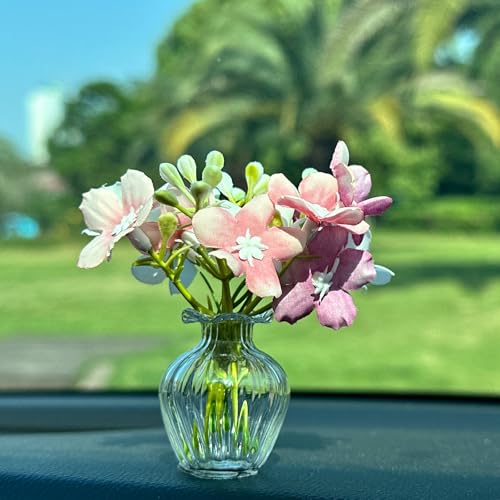 Artificial Cherry Blossoms with Mini Glass Vase for Car Dashboard Office Desk Decor,Pink White Flower Bouquets,Cute Car and Office Decoration Aesthetics