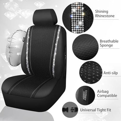 CAR PASS Memory Foam Mesh Bling Diamond Car Seat Cover 2 Front Seat Breathable Soft Sponge Universal Shining Glitter Sparkly Crystal Fit Armrest Automotive Truck SUV Cute Women Girl, Silver Rhinestone - color: Silver Mesh, size: Two Front Seats