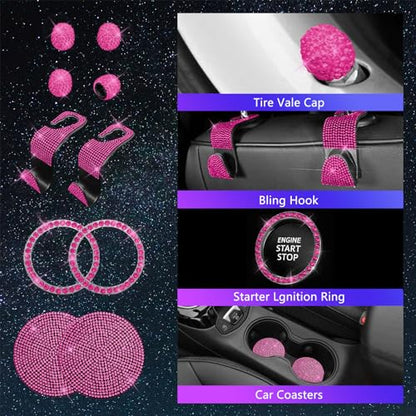 25PCS Bling Car Car Accessories Set,15 Inch Steering Wheel Cover,Shiny License Plate Frame,Center Console Cover and Rearview Mirror Set and Other Car Accessories(Rose Pink) - color: Rose Pink