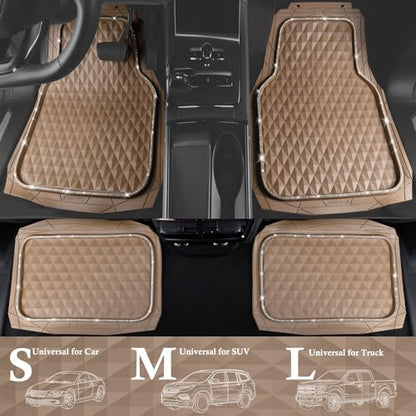 CAR PASS Bling Diamond Rubber Car Mats, Heavy Duty Deep Dish All-Weather Floor Mat Full Set Anti-Slip 3D Rhombus Waterproof Trim Fit Liner Universal Glitter Sparkly Shining Rhinestone, Beige Rubber - color: Beige Diamond