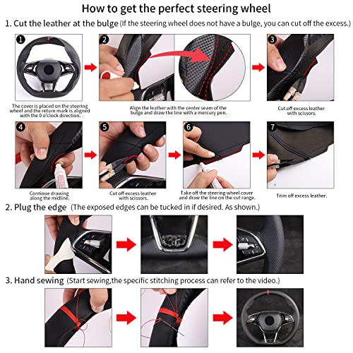 Universal 15 Inch Hand Sewn Steering Wheel Cover Stitch on Wrap with Red Regression Sign,Non-Slip Breathable Comfortable Microfiber Leather Steering Wheel Sewing Kit,11 cm