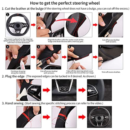 Universal 15 Inch Hand Sewn Steering Wheel Cover Stitch on Wrap with Red Regression Sign,Non-Slip Breathable Comfortable Microfiber Leather Steering Wheel Sewing Kit,11 cm