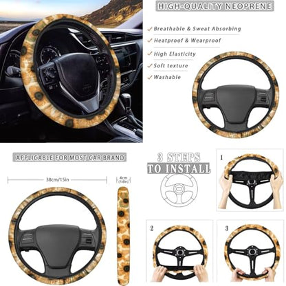 Dreaweet Aztec Sunflower Seat Covers Full Set for Women with Steering Wheel Cover/Center Console Cover/Seatbelt Cover/Car Coasters/Gear Shift Handbrake Cover,Universal Car Accessories for SUV Trucks - color: Aztec Sunflower