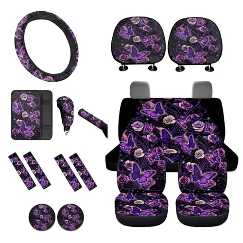 Butterfly Flower Print Car Accessories Sets, Cars Front Back Seat Covers Steering Wheel Covers Safety Belt Cover Arm Rest Covers Head Rest Cover Cup Holder Keychain, Universal Fits, 16 Piece - color: Purple and Black - Butterfly Flower