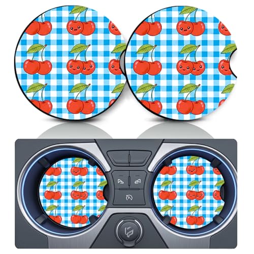 2PCS Cherry Car Cup Holder Coasters, Cars Coasters for Cup Holders, Anti Slip Rubber Mat with Finger Slot, Cherrys Car Accessories Interior Decor, Cherry Themed Gifts for Women, Men, Animal Lovers - color: Cherry