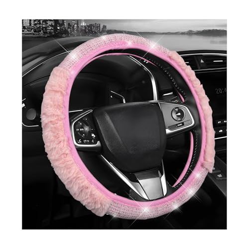 Diamond Fluffy Steering Wheel Cover, 15 Inch Fur Steering Wheel Protector with Sparkling Rhinestones, Comfortable Auto Wheel Covers Winter Warm Accessories for Women Girls (Pink) - color: Pink