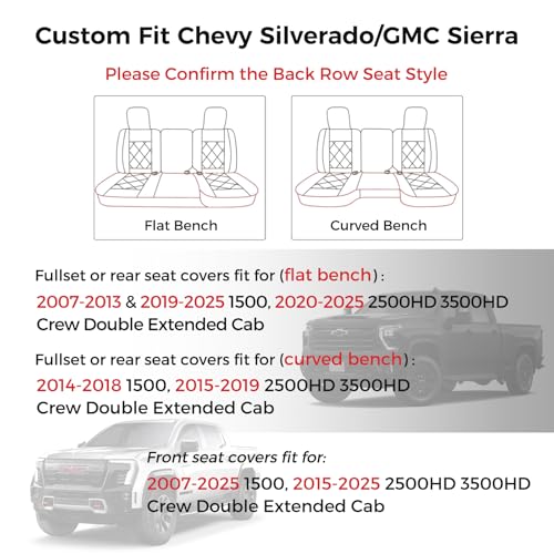 Huidasource for Chevy Silverado 1500 Seat Covers, Silverado Seat Covers Leather, GMC Sierra Pickup 1500 2007-2013&2019-2025, 2500HD 3500HD 2020-2025 Crew Double Extended Cab(Full Set/Black) - color: Black, size: Full Set 2007-2013&2019-2025 (Flat Bench)