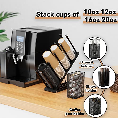 OVICAR Cup and Lid Holder - Adjustable Coffee Cup Holder Organizer 4 Compartment Disposable Cup Dispenser with Coffee Pod Straw Storage Basket for Coffee Station Bar Countertop Breakroom Metal Black - color: Black