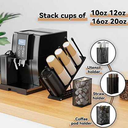 OVICAR Cup and Lid Holder - Adjustable Coffee Cup Holder Organizer 4 Compartment Disposable Cup Dispenser with Coffee Pod Straw Storage Basket for Coffee Station Bar Countertop Breakroom Metal Black - color: Black