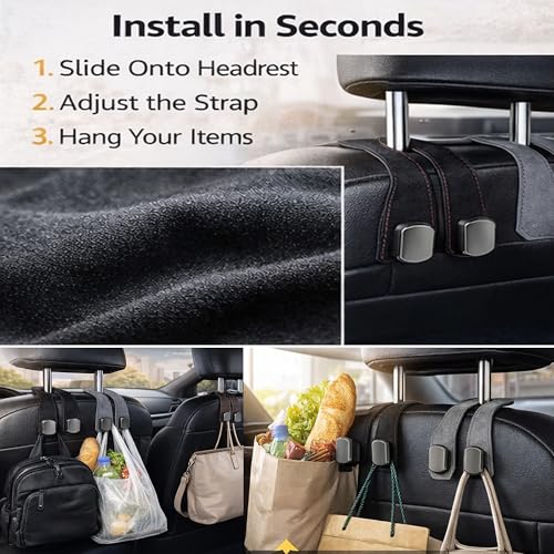 Car Headrest Hook 2 Pack, Premium Leather Car Purse Hooks, Heavy Duty Seat Back Organizer for Handbags, Groceries & Bags, No Scratch, Easy Install Car Accessories (2, Grey) - color: Gray